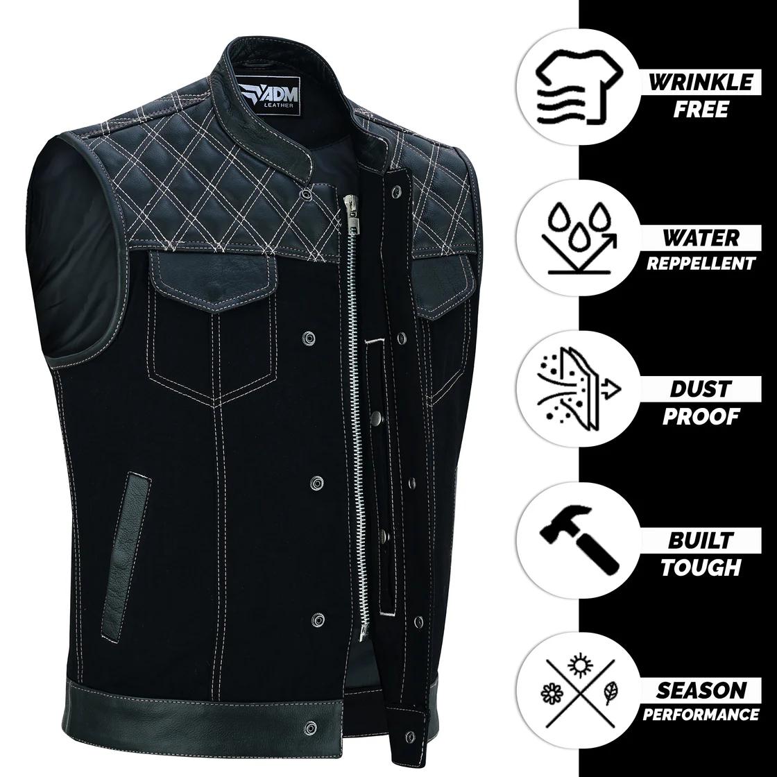 Denim Leather Vest Men Diamond Quilted Concealed Carry Fitted Biker Trucker Sleeveless Jacket