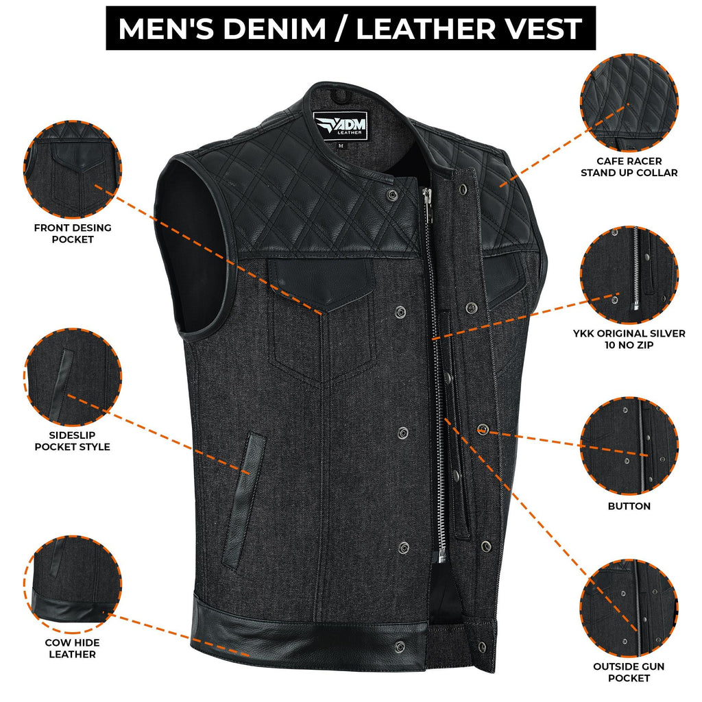 Denim Leather Vest Men SOA Style Quilted Shoulders Concealed Carry Fitted Biker Trucker Sleeveless