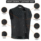 Denim Leather Vest Men SOA Style Quilted Shoulders Concealed Carry Fitted Biker Trucker Sleeveless