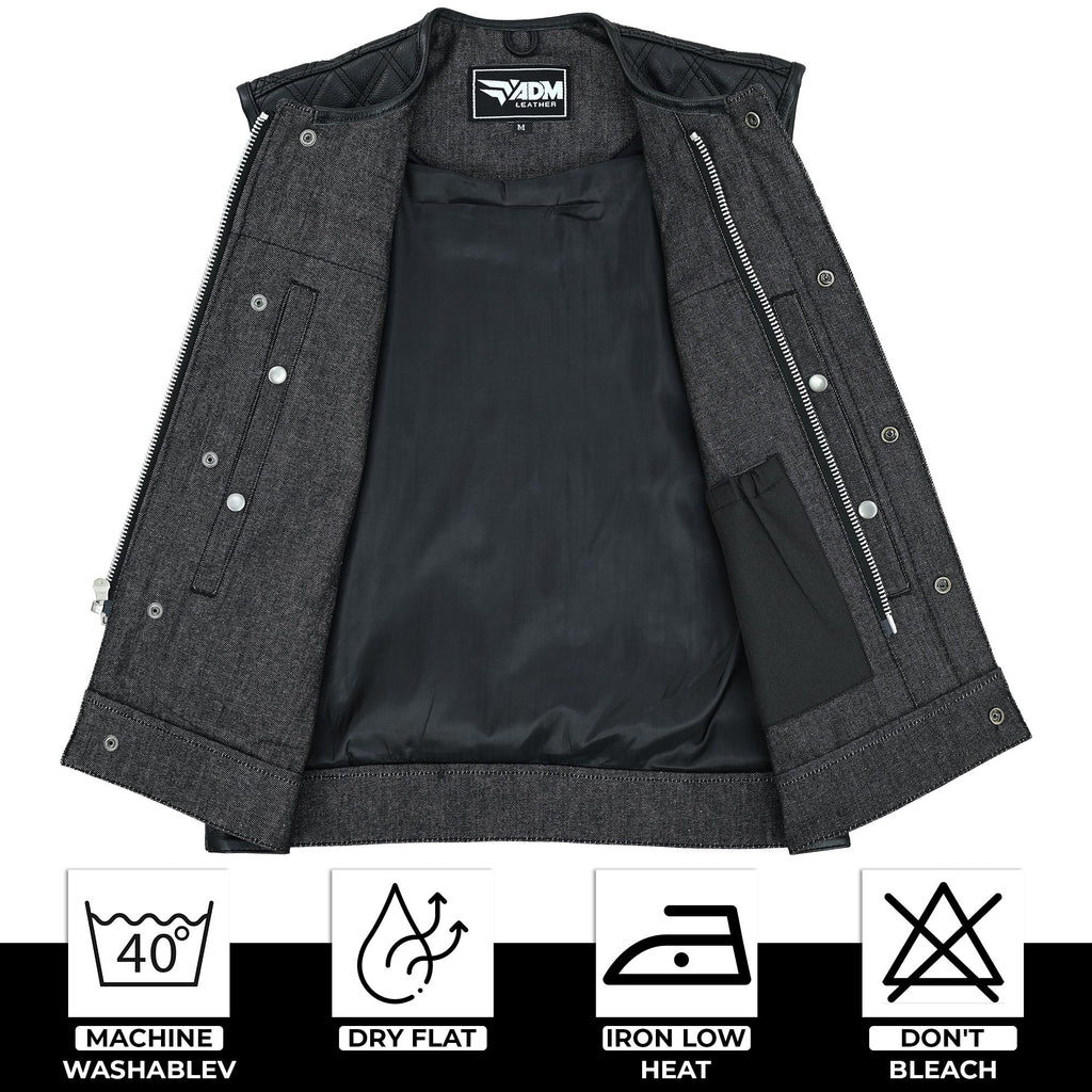 Denim Leather Vest Men Quilted Concealed Carry Fitted Biker Trucker Motorcycle Sleeveless Jacket