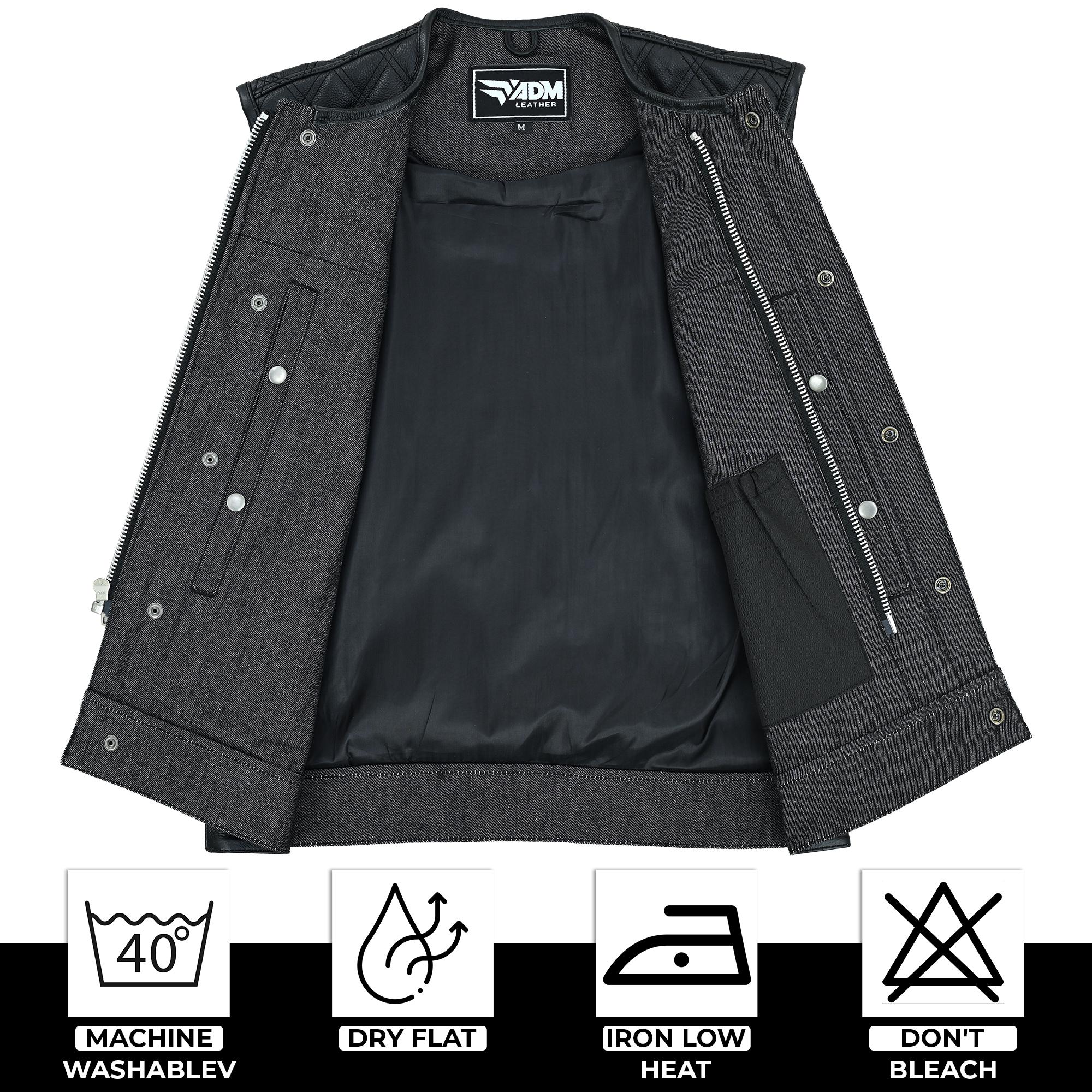 Denim Leather Vest Men Quilted Concealed Carry Fitted Biker Trucker Motorcycle Sleeveless Jacket