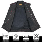 Black Denim Vest Men Biker Leather Trim Red Stitching Motorcycle Sleeveless Fitted Trucker Top