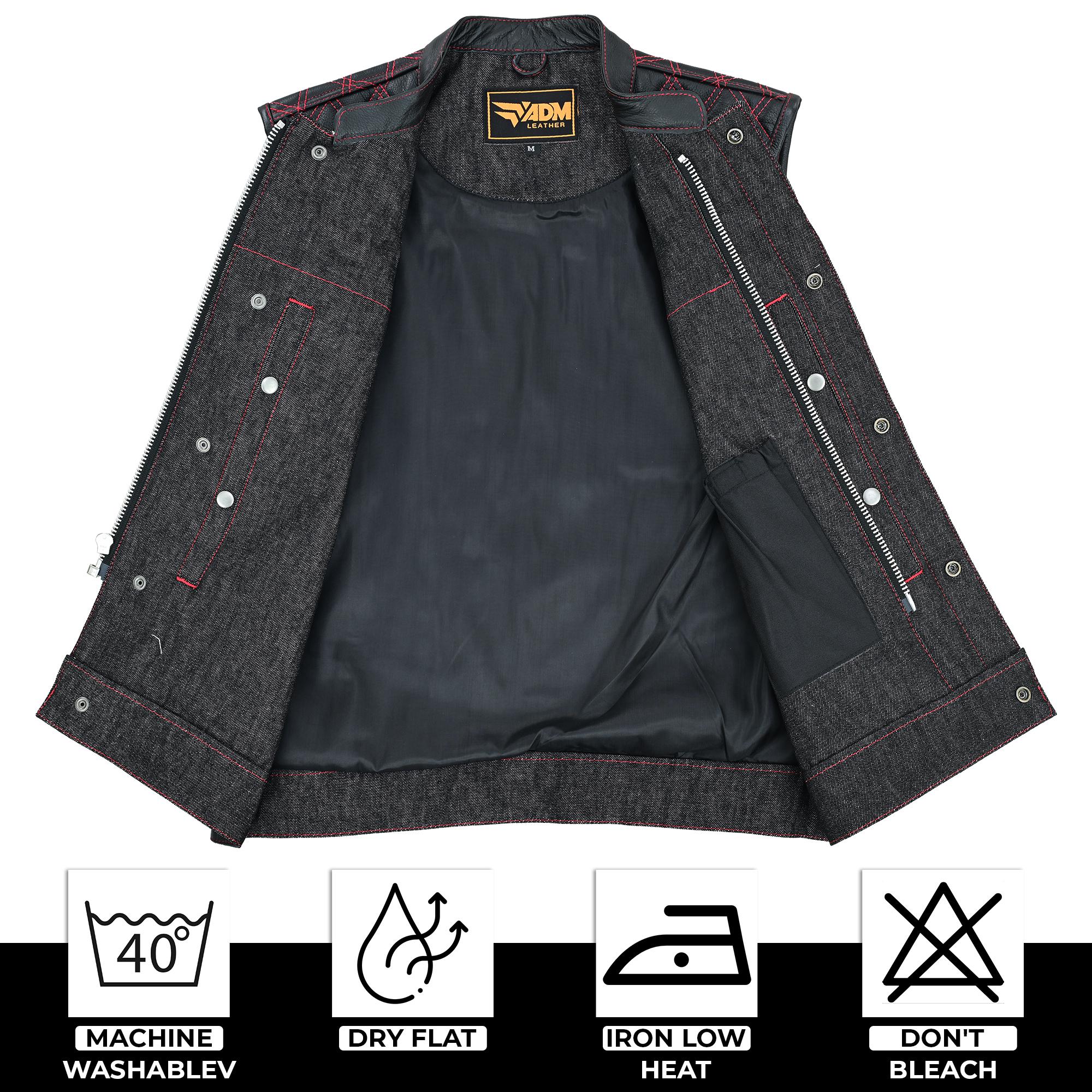 Black Denim Vest Men Biker Leather Trim Red Stitching Motorcycle Sleeveless Fitted Trucker Top