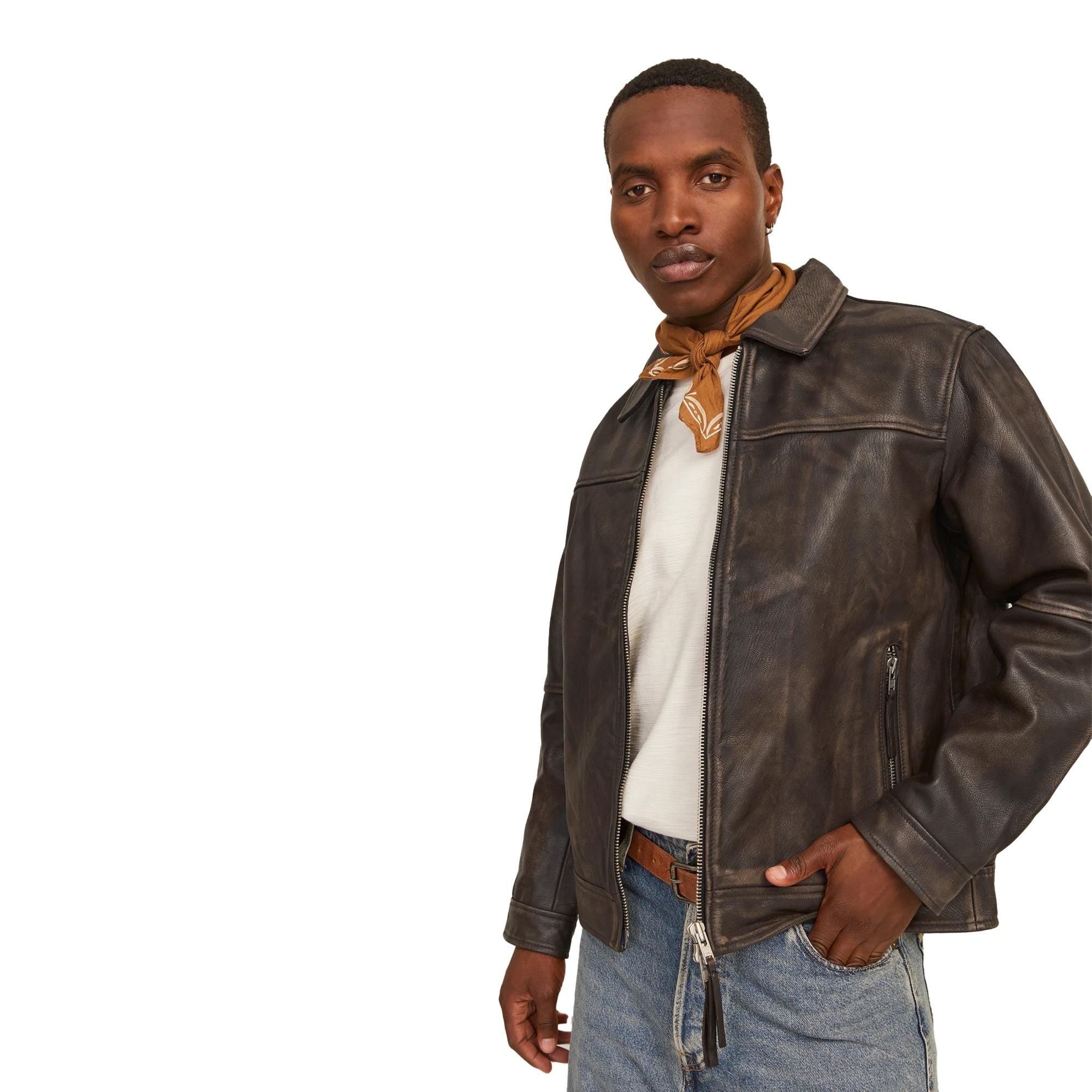 Leather Jacket Men Distressed Brown Vintage Biker Style Jackets For Men Stand Collar Motorcycle Coat
