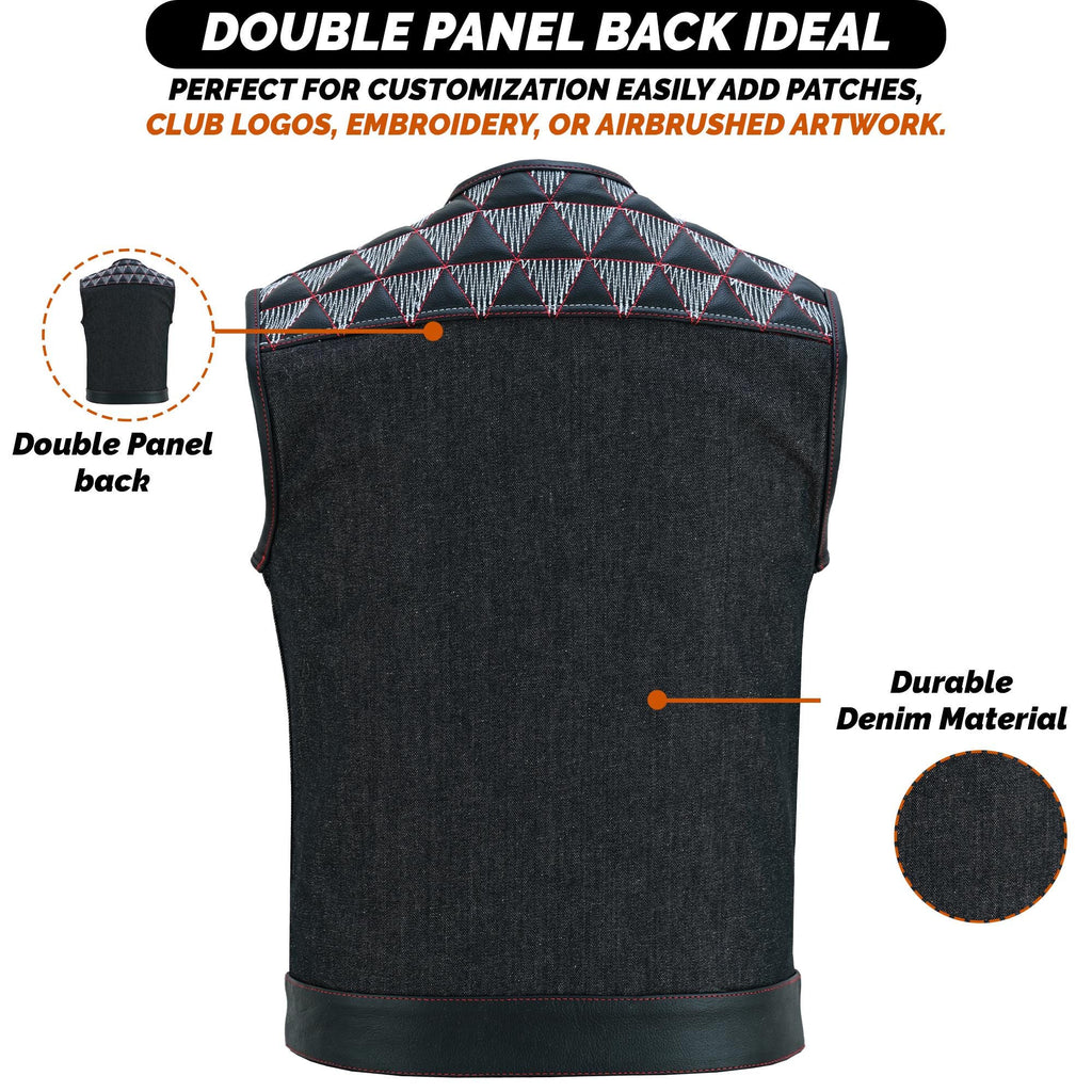 Mens Denim & Leather Motorcycle Vest Embroidered Biker Style Concealed Carry Club Sleeveless Top