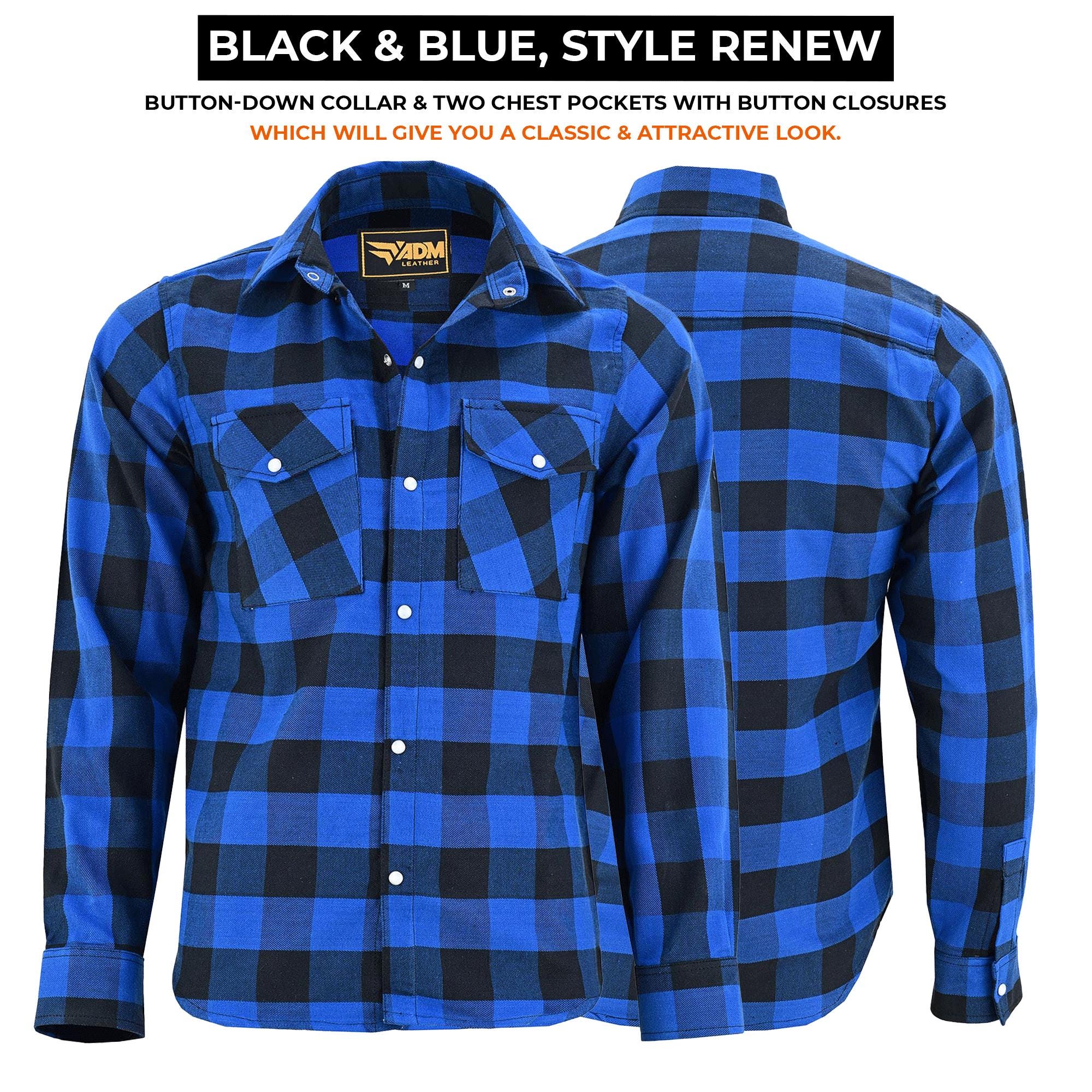 CE-Approved Flannel Shirt Motorcycle Armored Riding Gear | Blue & Black Kevlar Lined Plaid Biker Top
