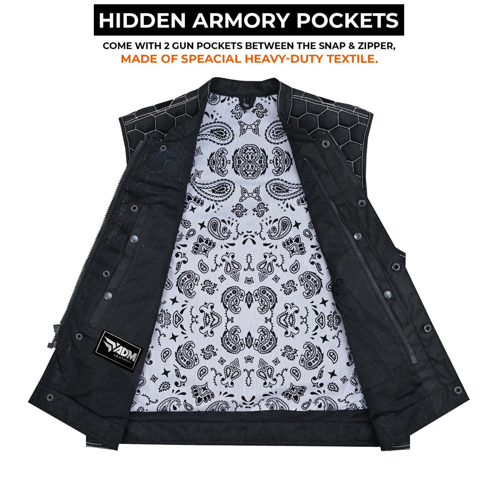 Men's Black Denim Biker Vest | Honeycomb Design, Concealed Pockets