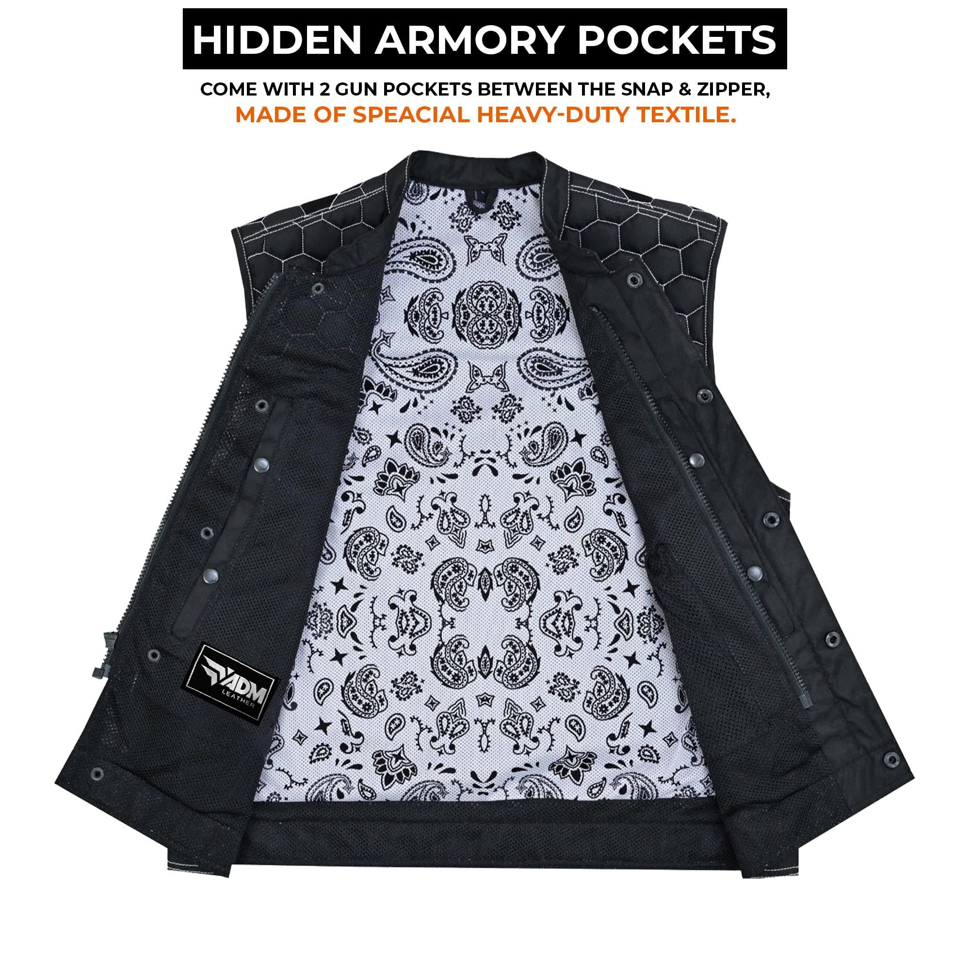 Men's Black Denim Biker Vest | Honeycomb Design, Concealed Pockets