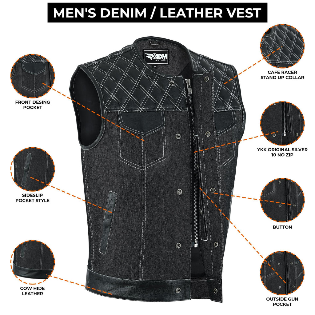 Denim Leather Vest Men SOA Style Quilted Shoulders Concealed Carry Fitted Biker Trucker Sleeveless