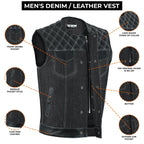 Denim Leather Vest Men SOA Style Quilted Shoulders Concealed Carry Fitted Biker Trucker Sleeveless