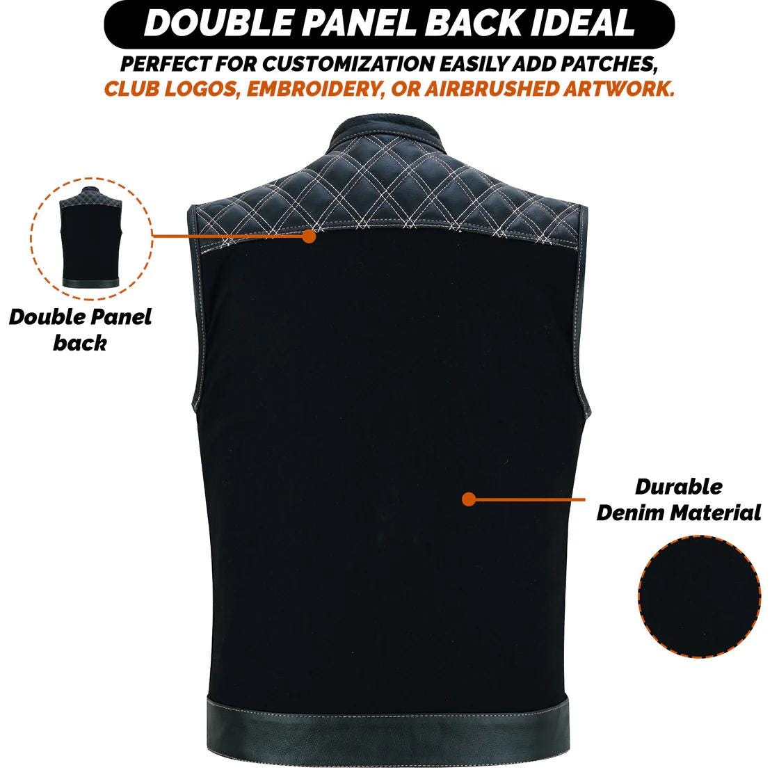 Denim Leather Vest Men Diamond Quilted Concealed Carry Fitted Biker Trucker Sleeveless Jacket