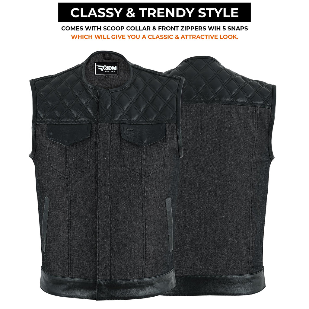 Denim Leather Vest Men SOA Style Quilted Shoulders Concealed Carry Fitted Biker Trucker Sleeveless