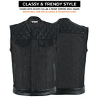 Denim Leather Vest Men SOA Style Quilted Shoulders Concealed Carry Fitted Biker Trucker Sleeveless