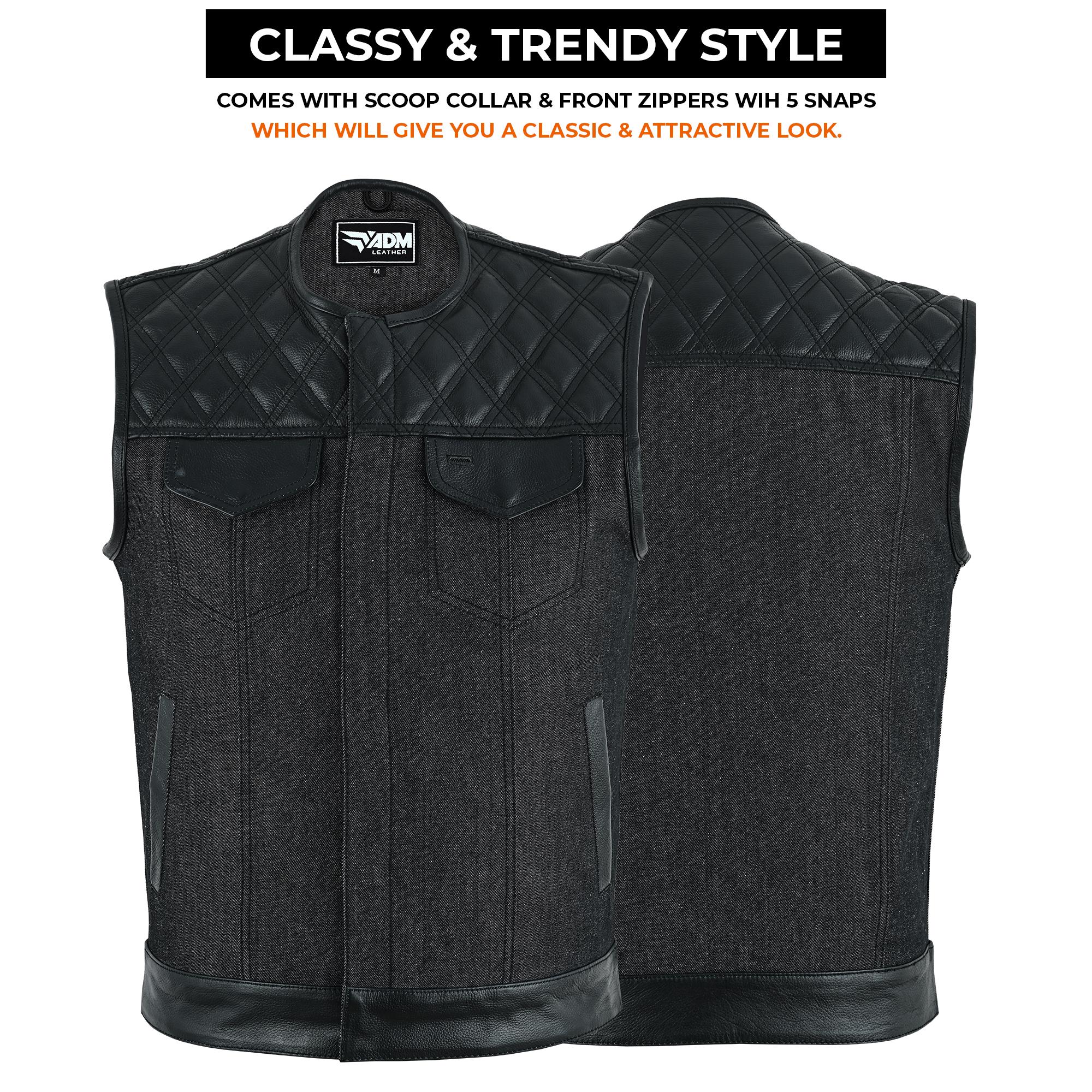 Denim Leather Vest Men SOA Style Quilted Shoulders Concealed Carry Fitted Biker Trucker Sleeveless