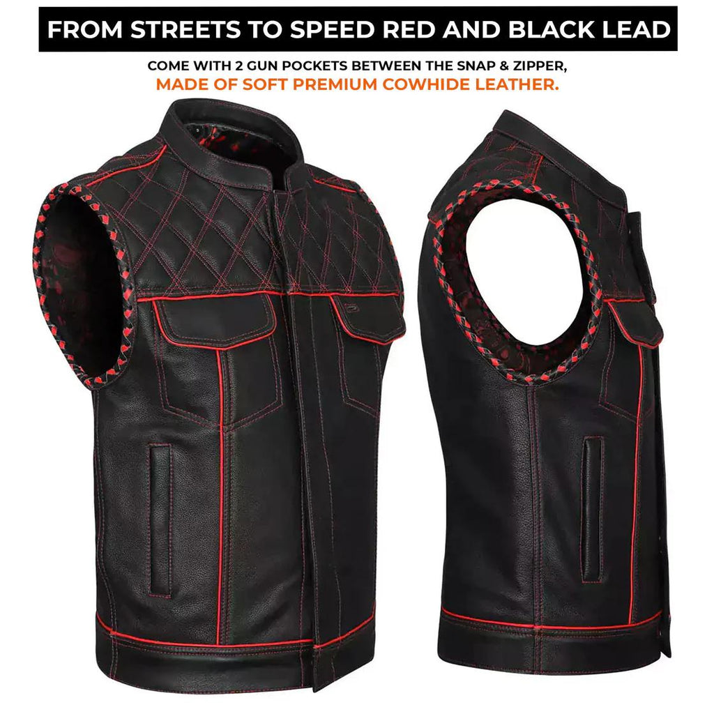 Handmade Cowhide Leather Biker Vest: Red Stitch, Concealed Carry