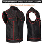 Handmade Cowhide Leather Biker Vest: Red Stitch, Concealed Carry