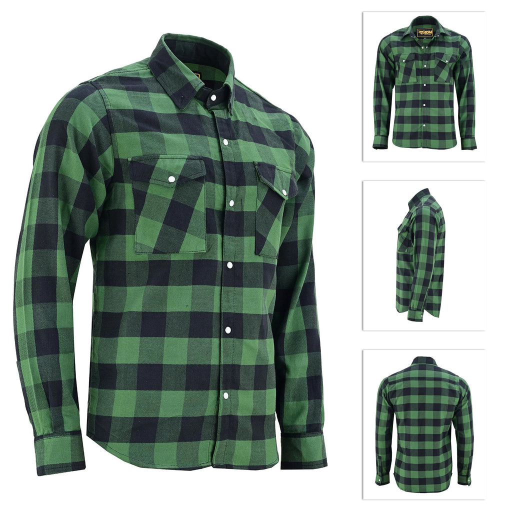 Heavy Duty Armored Biker Flannel Plaid Motorcycle Riding Shirt | Green & Black Kevlar Safety Gear