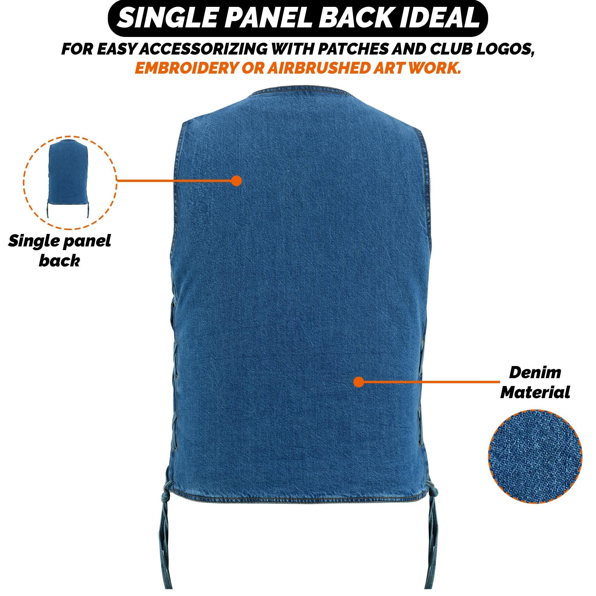 Vintage Biker Denim Vest Men Heavyweight Blue Jean Sleeveless Trucker Style Retro Side Laces