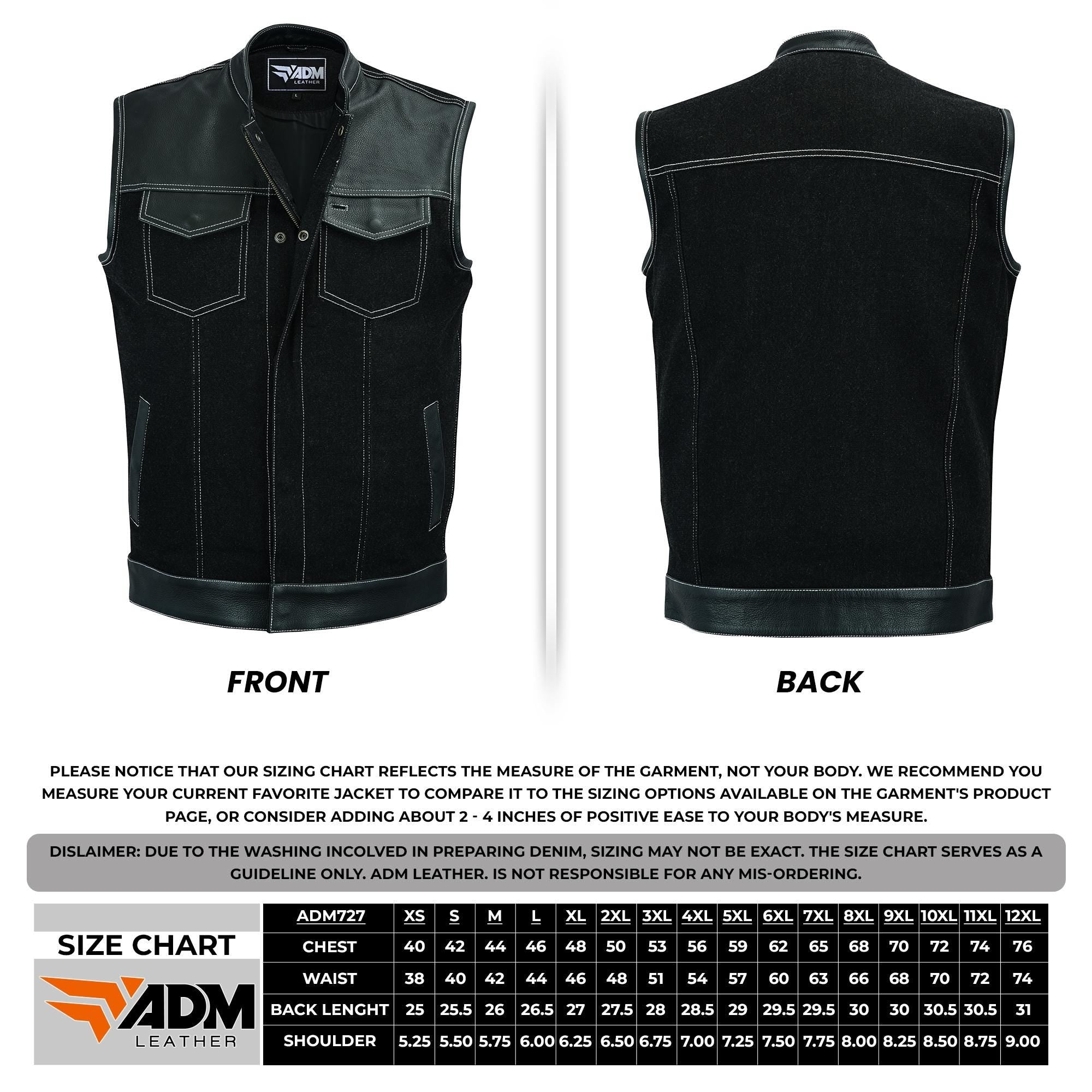 Mens Denim Leather Vest SOA Motorcycle Club Concealed Carry Pockets Heavyweight Fitted Biker Top