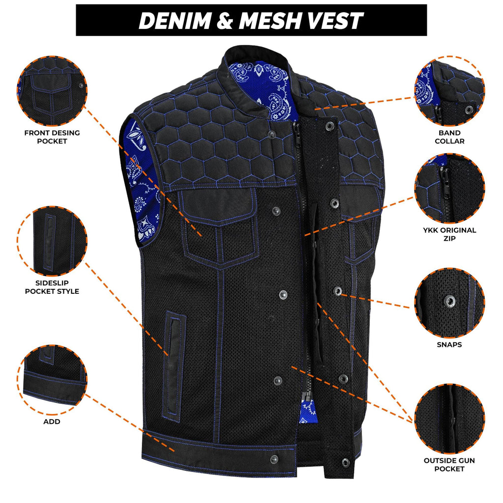 Mens Denim Vest SOA Biker Cutoff Ventilated Mesh Motorcycle Jacket Sleeveless with YKK Zipper