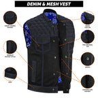 Mens Denim Vest SOA Biker Cutoff Ventilated Mesh Motorcycle Jacket Sleeveless with YKK Zipper