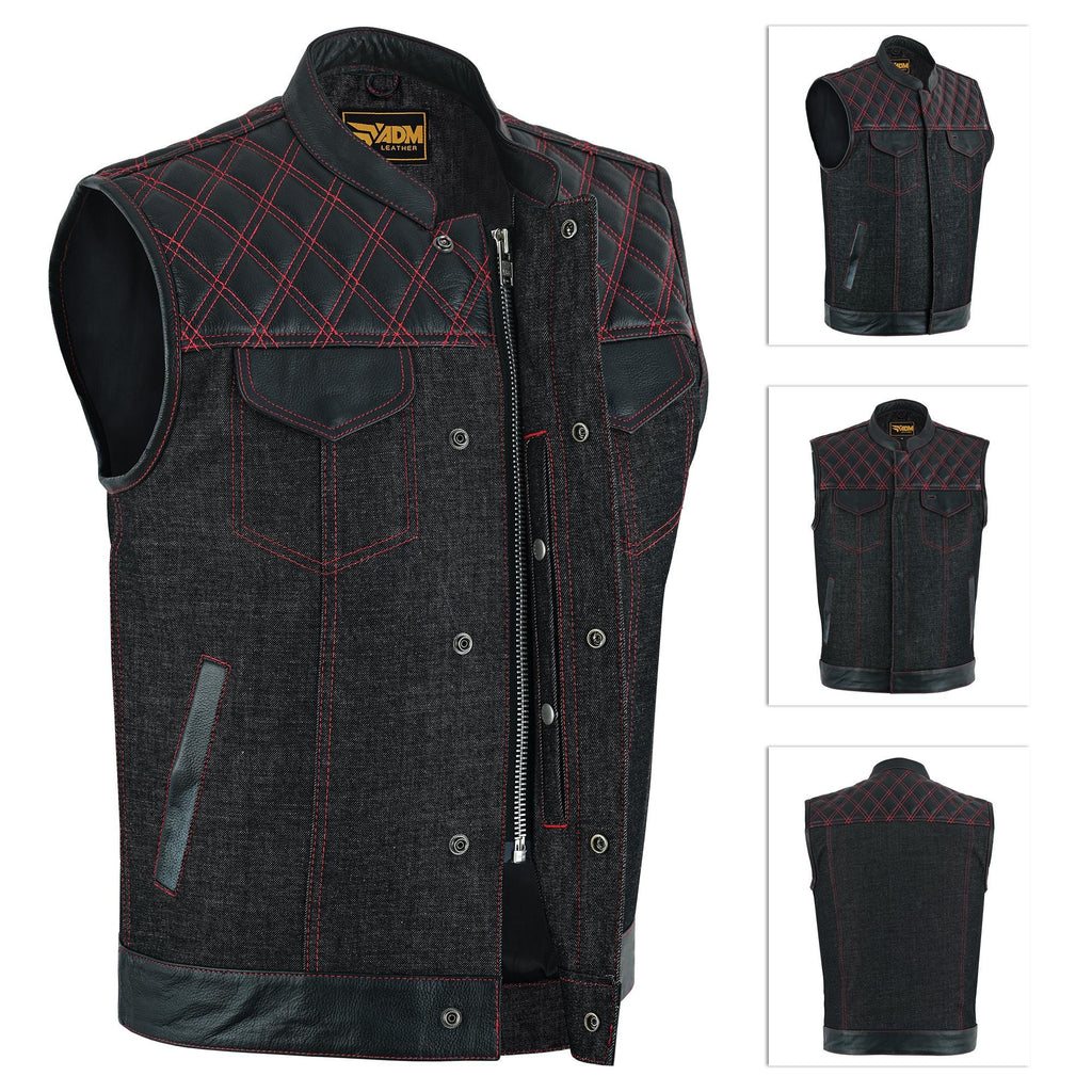 Mens Denim Biker Vest Club Style Motorcycle Concealed Carry Pockets Sleeveless Riding Jacket