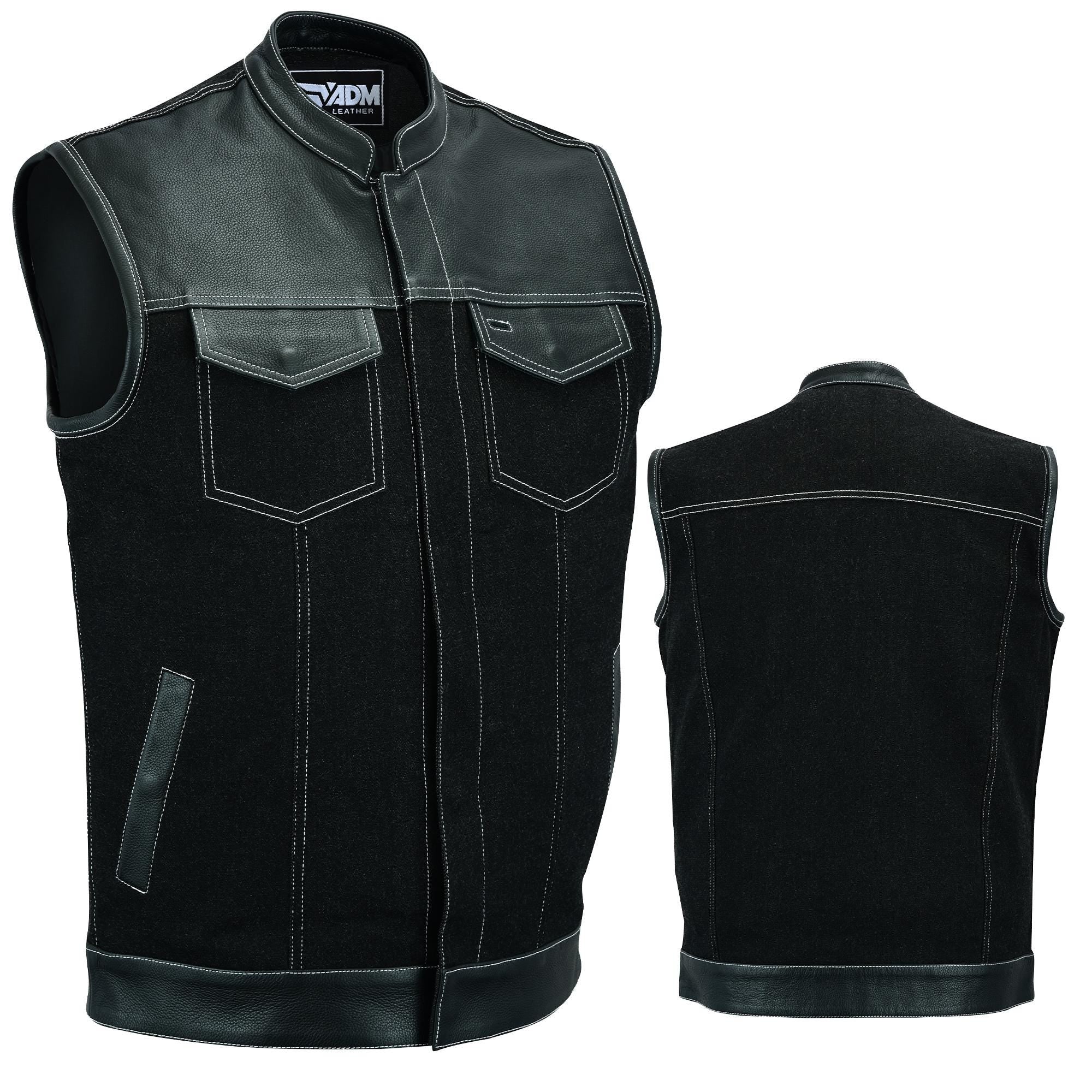 Mens Denim Leather Vest SOA Motorcycle Club Concealed Carry Pockets Heavyweight Fitted Biker Top