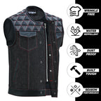 Mens Denim & Leather Motorcycle Vest Embroidered Biker Style Concealed Carry Club Sleeveless Top