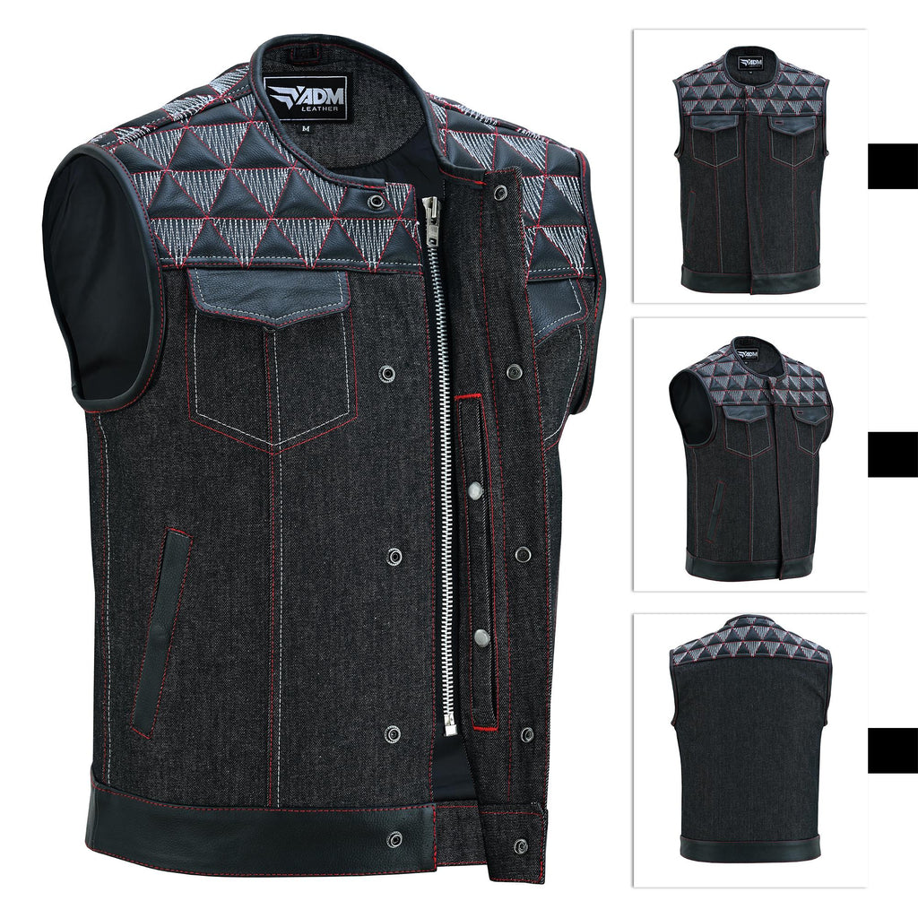 Mens Denim & Leather Motorcycle Vest Embroidered Biker Style Concealed Carry Club Sleeveless Top