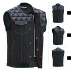 Mens Denim & Leather Motorcycle Vest Embroidered Biker Style Concealed Carry Club Sleeveless Top