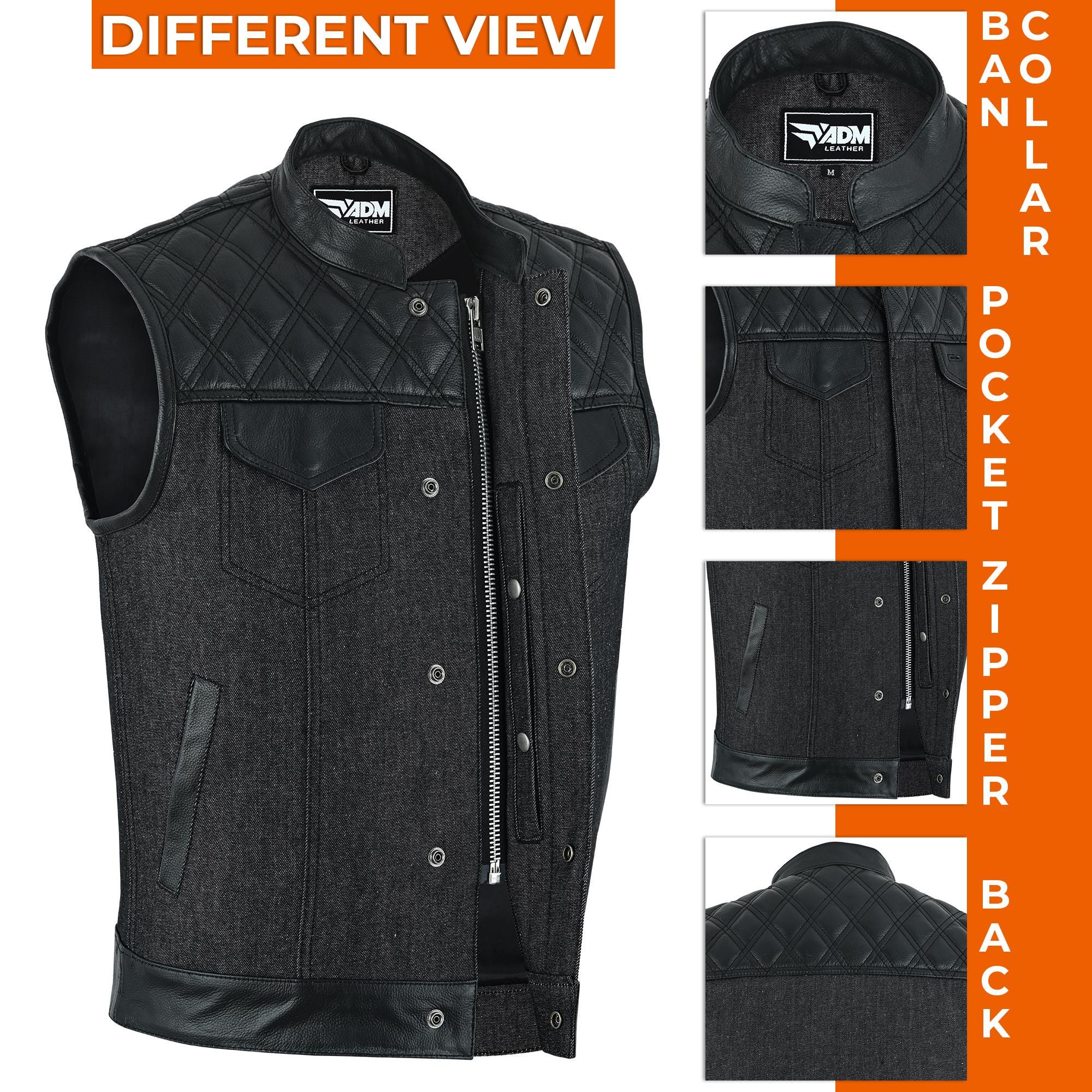 Black Denim Vest Men Biker Motorcycle Club Cutoff Concealed Carry Pockets Sleeveless Jacket