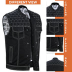 Men's Black Denim Biker Vest | Honeycomb Design, Concealed Pockets