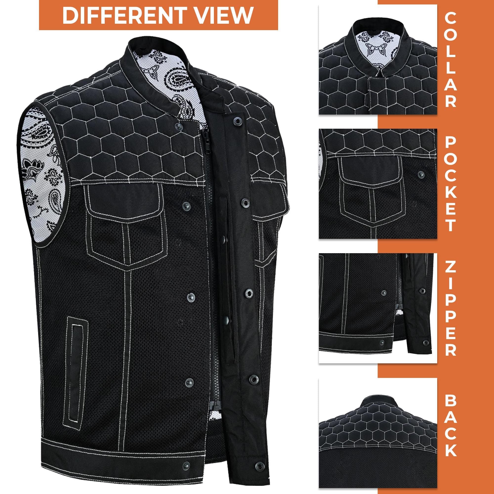 Men's Black Denim Biker Vest | Honeycomb Design, Concealed Pockets