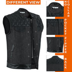Denim Leather Vest Men Quilted Concealed Carry Fitted Biker Trucker Motorcycle Sleeveless Jacket