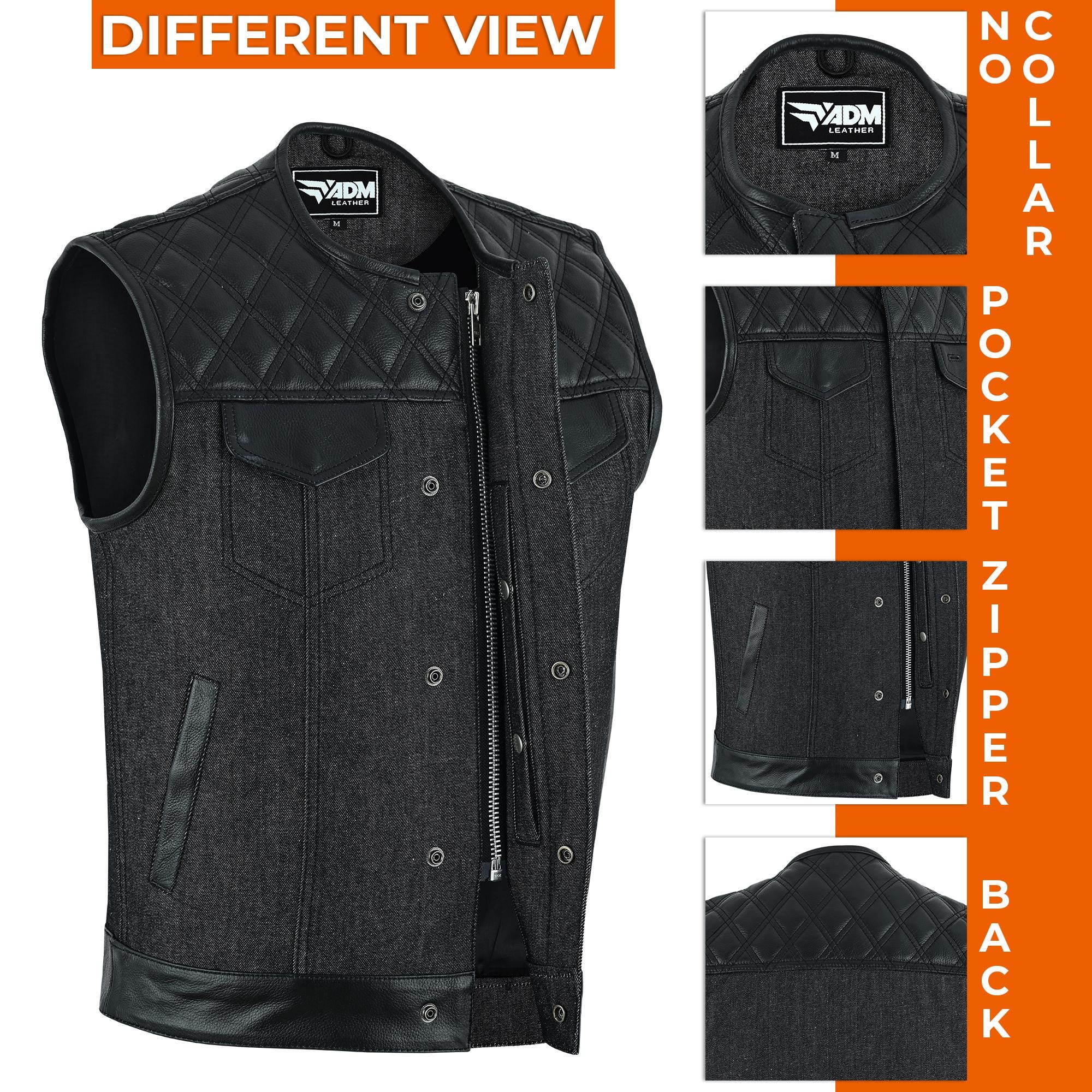 Denim Leather Vest Men Quilted Concealed Carry Fitted Biker Trucker Motorcycle Sleeveless Jacket