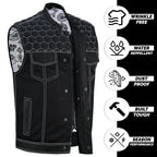Men's Black Denim Biker Vest | Honeycomb Design, Concealed Pockets