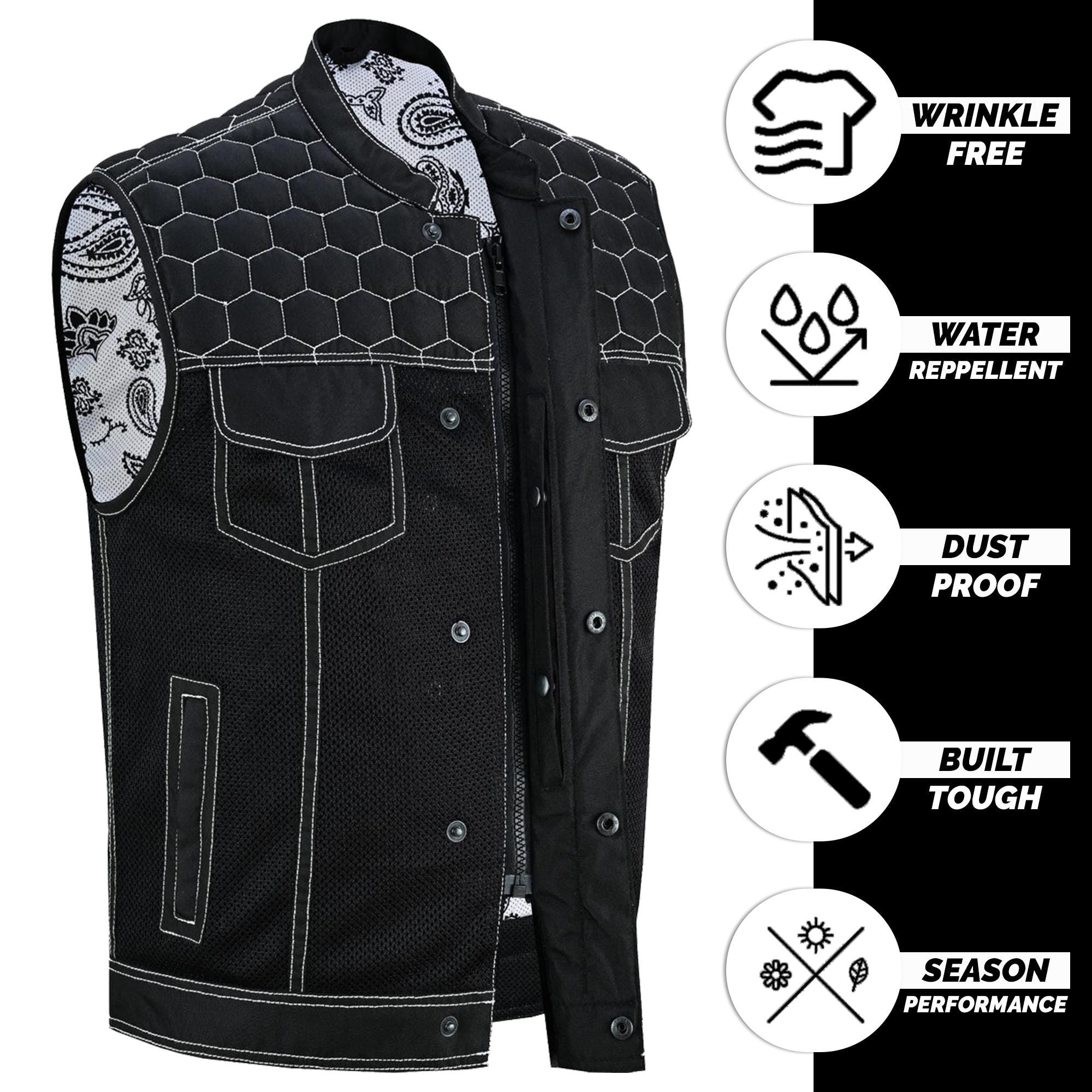 Men's Black Denim Biker Vest | Honeycomb Design, Concealed Pockets