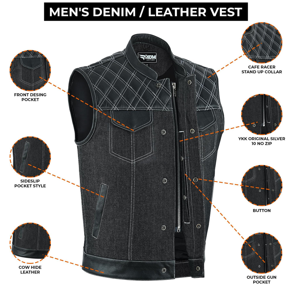 Mens Denim Biker Vest Club Style Motorcycle Concealed Carry Pockets Sleeveless Riding Jacket