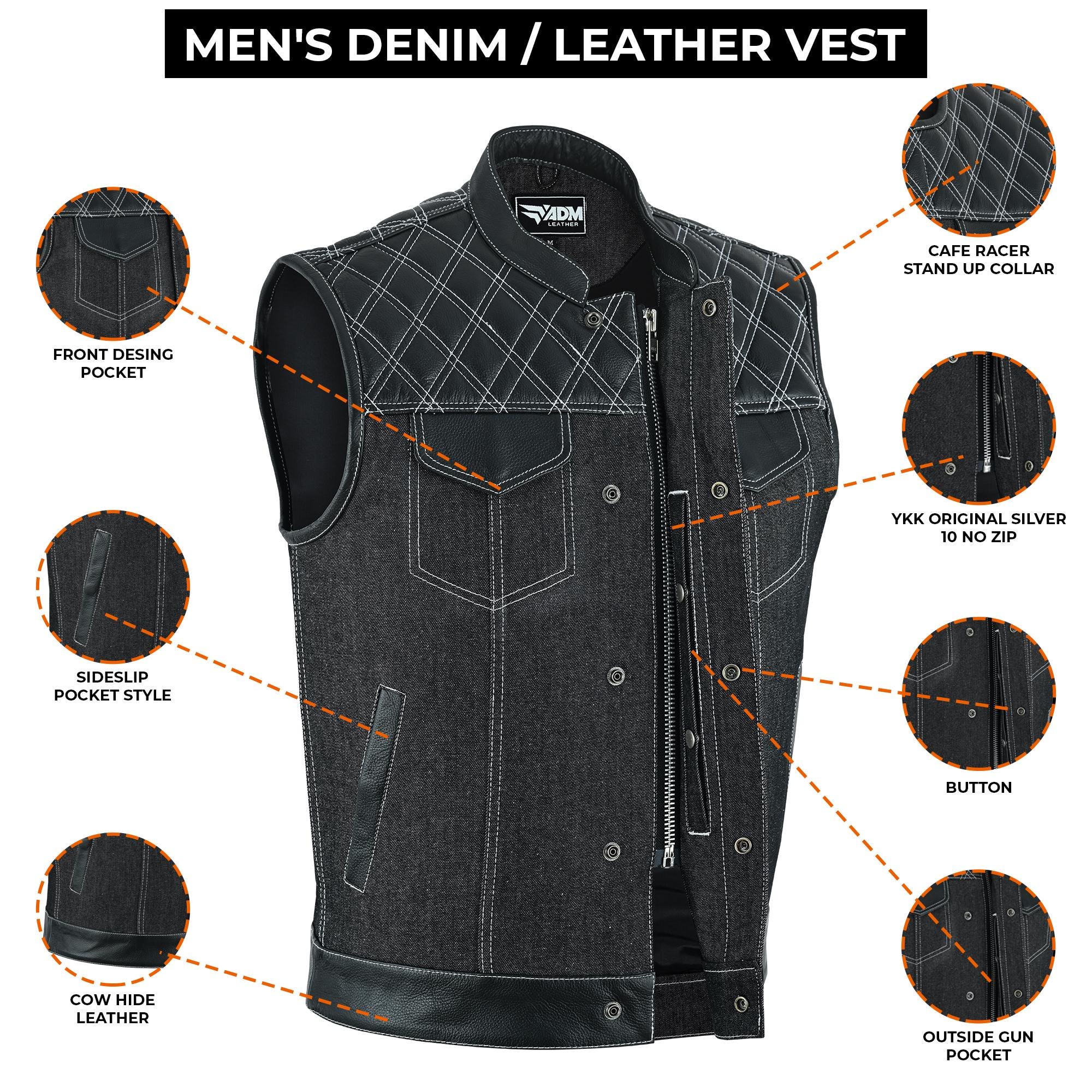 Mens Denim Biker Vest Club Style Motorcycle Concealed Carry Pockets Sleeveless Riding Jacket