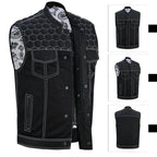 Men's Black Denim Biker Vest | Honeycomb Design, Concealed Pockets