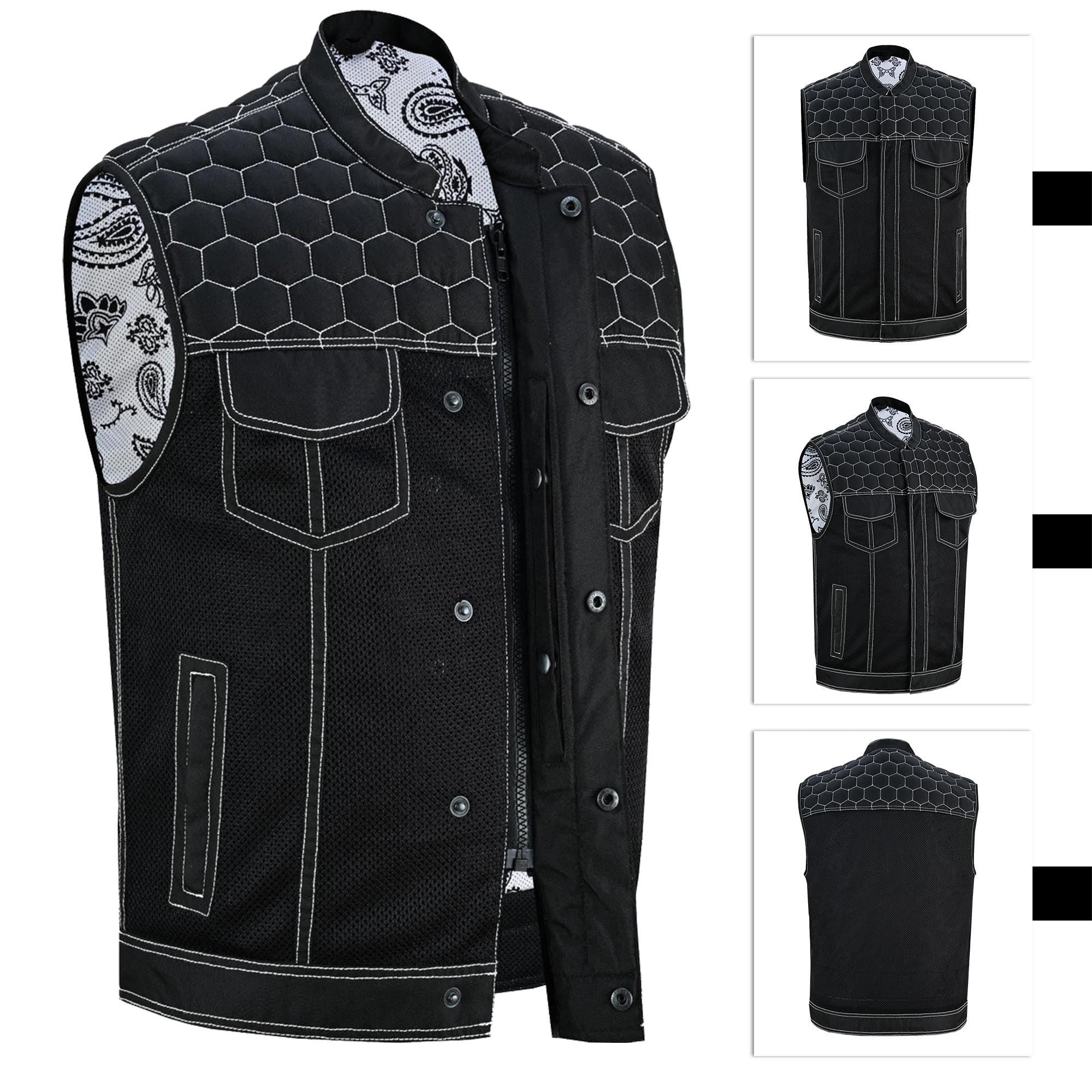 Men's Black Denim Biker Vest | Honeycomb Design, Concealed Pockets