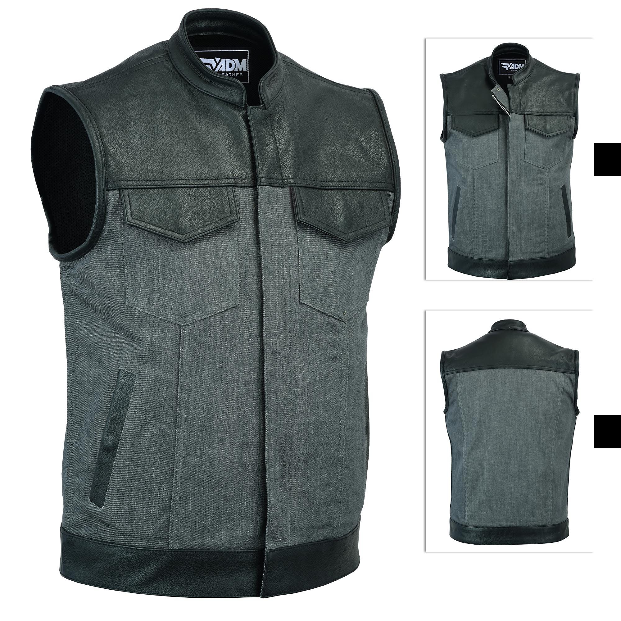 Mens Biker Vest Grey Denim Black Leather SOA Motorcycle Concealed Carry Gun Pocket Sleeveless