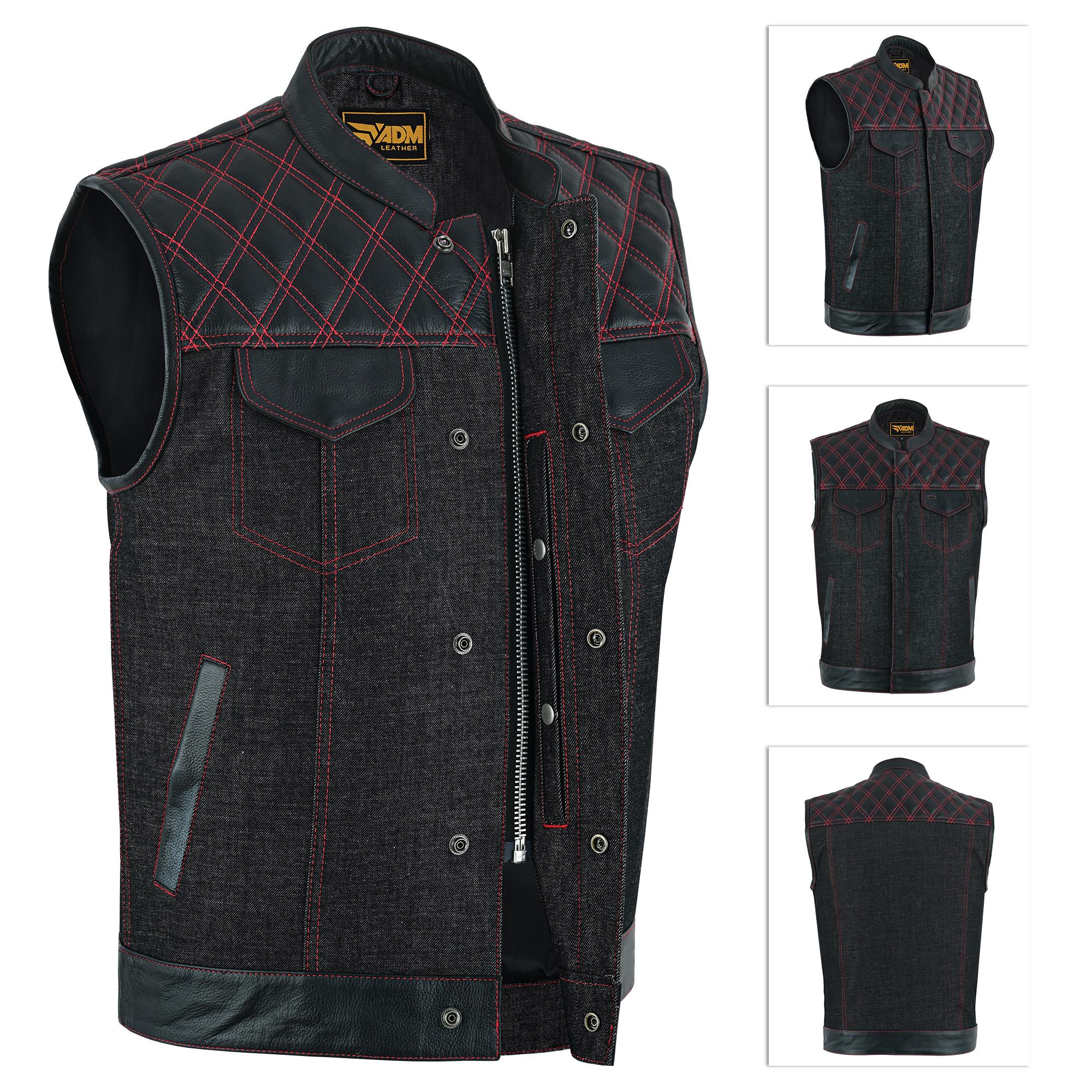 Black Denim Vest Men Biker Leather Trim Red Stitching Motorcycle Sleeveless Fitted Trucker Top