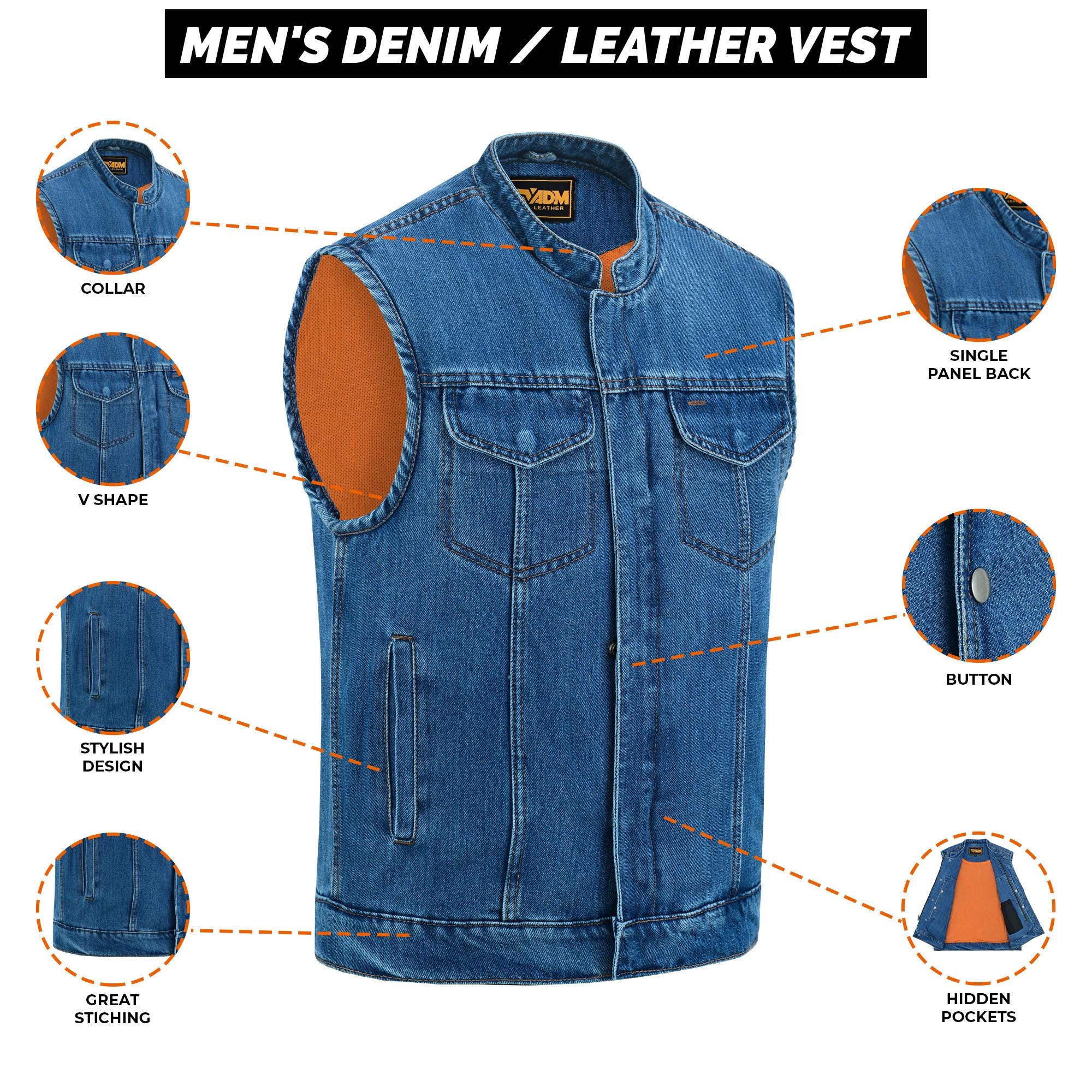 Classic Vintage Mens Denim Vest Heavy Duty Biker Trucker Blue Jean Sleeveless Motorcyle Jacket