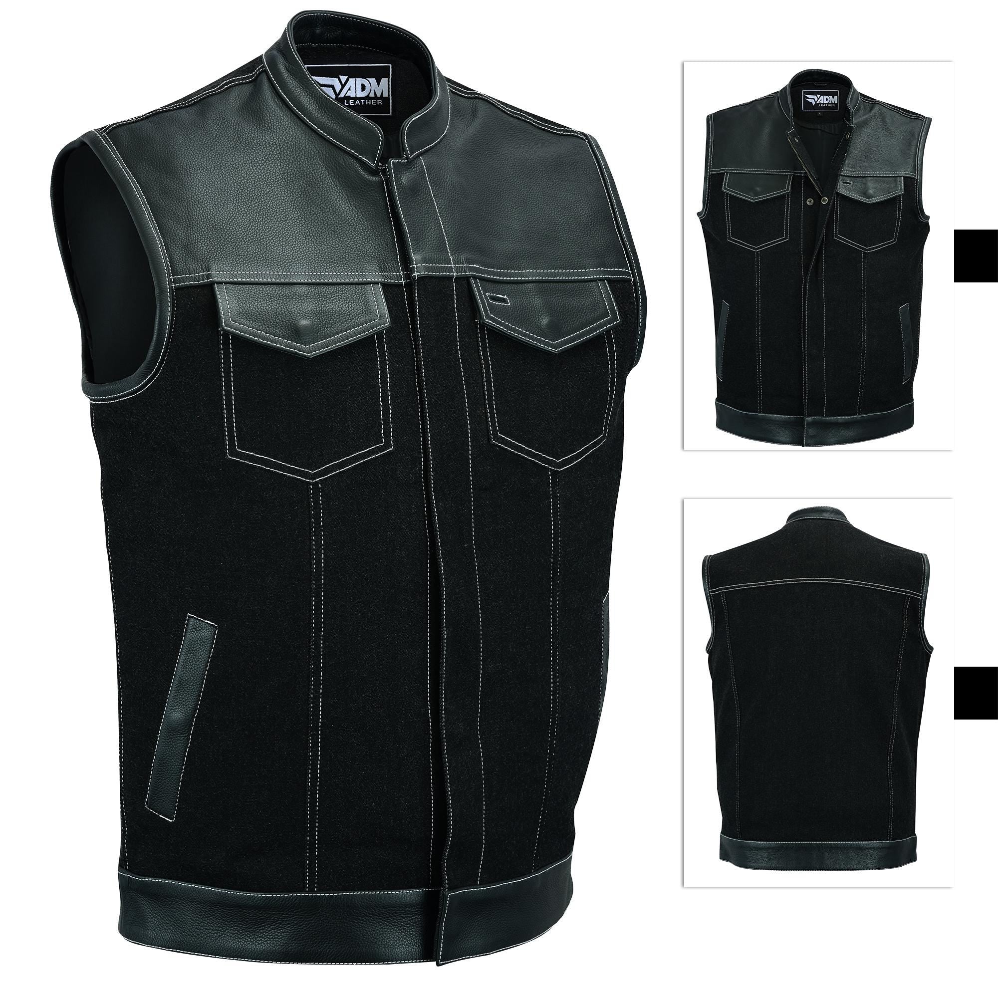 Mens Denim Leather Vest SOA Motorcycle Club Concealed Carry Pockets Heavyweight Fitted Biker Top