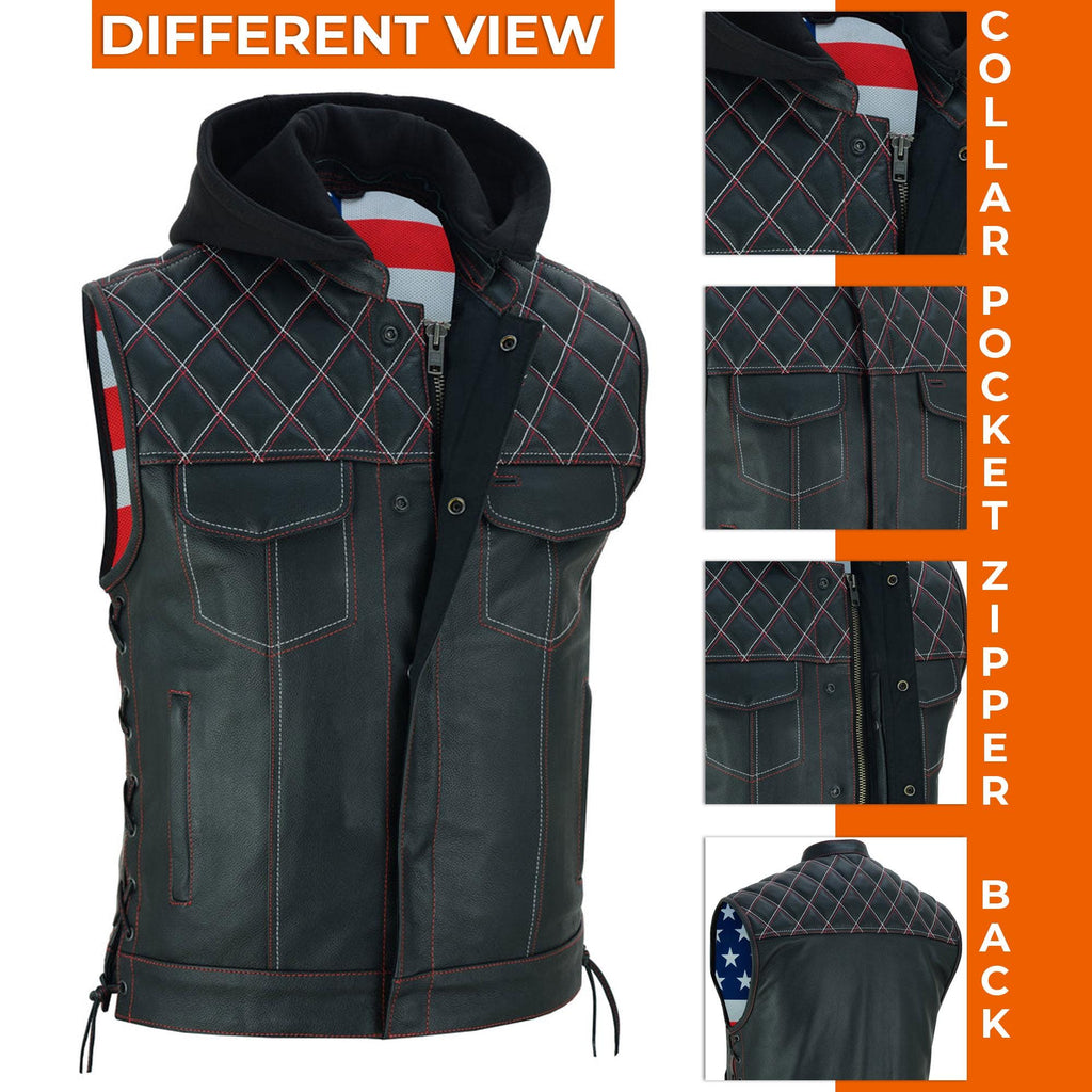 Men's Cowhide Leather Motorcycle Vest with Hood: Concealed Carry Biker Style