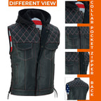 Men's Cowhide Leather Motorcycle Vest with Hood: Concealed Carry Biker Style