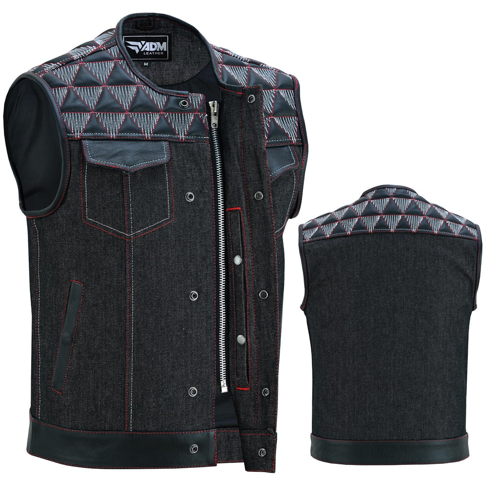 Mens Denim & Leather Motorcycle Vest Embroidered Biker Style Concealed Carry Club Sleeveless Top