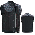 Mens Denim & Leather Motorcycle Vest Embroidered Biker Style Concealed Carry Club Sleeveless Top