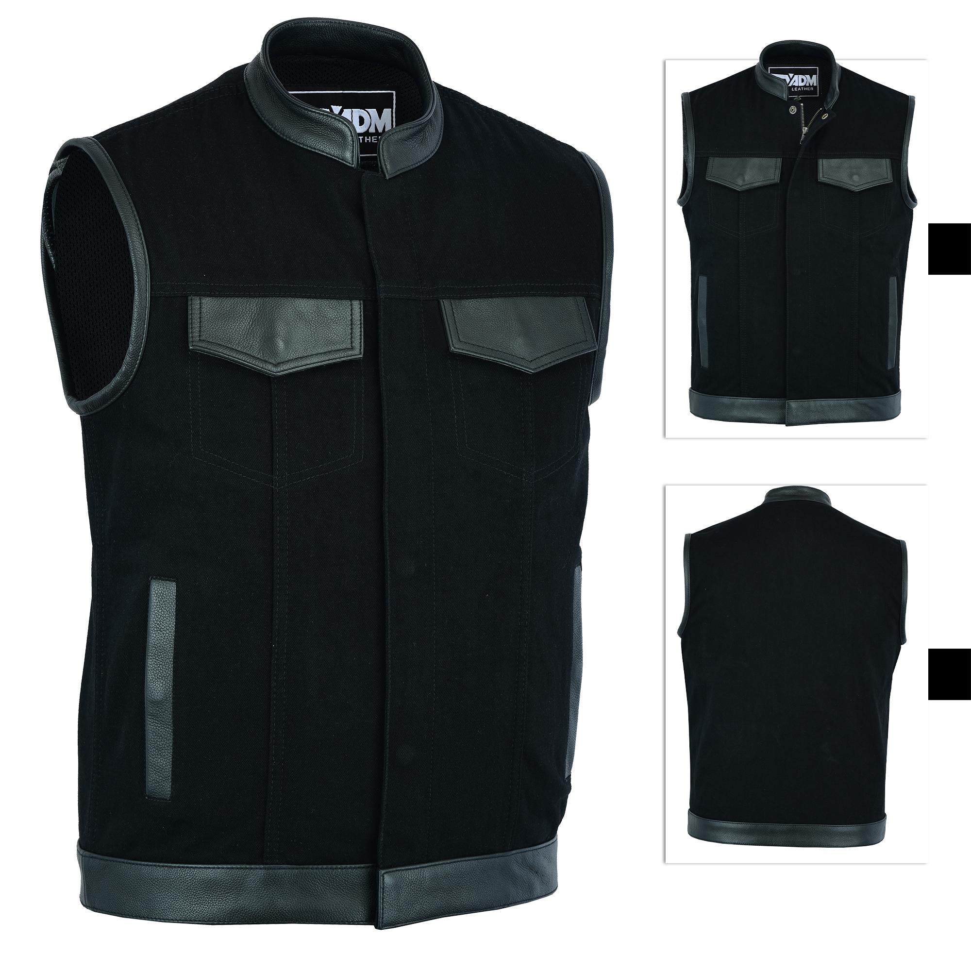 Mens Denim Leather Motorcycle Vest Concealed Carry Pockets YKK Zipper Club Style Biker Sleeveless